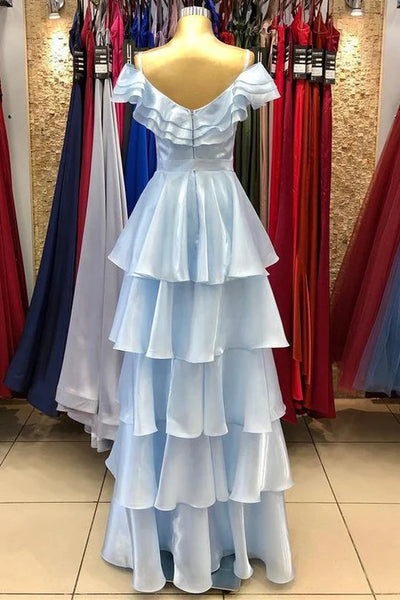 Light Blue Off-the-Shoulder Tiered Long Prom Dress Evening Dresses DMP224