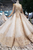 New Arrival Prom Dresses Long Sleeves Ball Gown Scoop With Applique Beads Lace Up Back DMK16