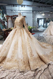 New Arrival Prom Dresses Long Sleeves Ball Gown Scoop With Applique Beads Lace Up Back DMK16