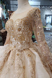 New Arrival Prom Dresses Long Sleeves Ball Gown Scoop With Applique Beads Lace Up Back DMK16