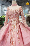 New Arrival Pink Prom Dresses Long Sleeves Ball Gown High Neck Quinceanera Dresses DMK17