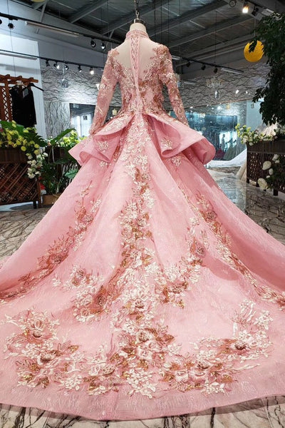 New Arrival Pink Prom Dresses Long Sleeves Ball Gown High Neck Quinceanera Dresses DMK17