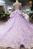 Lilac Short Sleeves Lace Up Back Appliques Tulle Princess Prom Dresses DML20