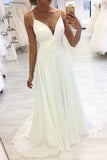 White V Neck Straps Chiffon Long Prom Dress A Line Evening Dress DMQ38