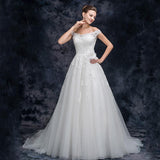 A Line Off the Shoulder Appliques Tulle Long Wedding Dress, Bridal Dresses DMQ26