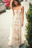 A-Line Spaghetti Straps Lace Beach Wedding Dress, Simple Boho Wedding Gown DMH84