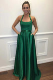 A Line Halter Green Long Prom Dresses With Pocket Satin Formal Evening Dresses DMP291