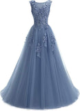 A Line Round Neck Lace Appliques Floor Length Prom Dresses DMR11