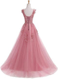 A Line Round Neck Lace Appliques Floor Length Prom Dresses DMR11