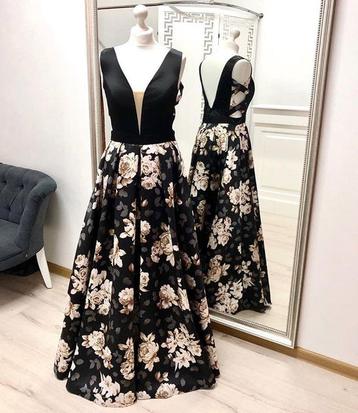 A Line V Neck Floral Prom Dresses, Long Black Prom Gown DMK27