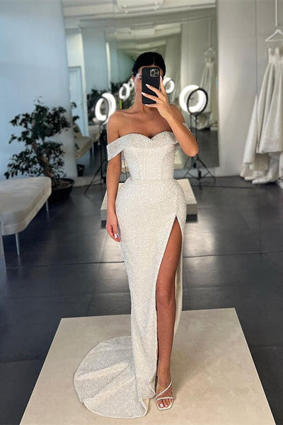 Mermaid Off White Off-the-Shoulder Sequins Prom Dress With Split DMP296