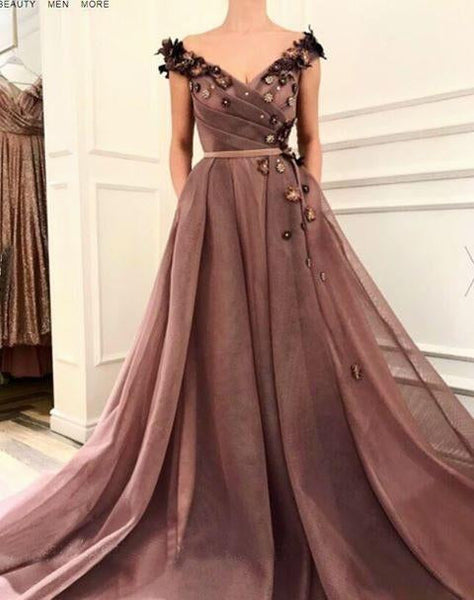 A Line V Neck Cap SleevesBrown Long Flowers Prom Dresses With Pockets DMR10