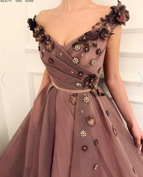 A Line V Neck Cap SleevesBrown Long Flowers Prom Dresses With Pockets DMR10