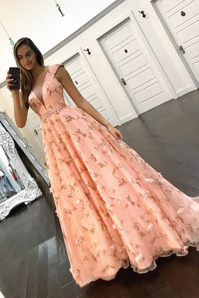 Princess A Line Floral Pink Cap Sleeves Long Prom Dress DMK97