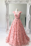 Princess A Line Floral Pink Cap Sleeves Long Prom Dress DMK97