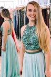 Two Piece Sage Chiffon Beading Long Cheap Prom Dress DMK87