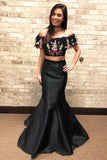 Mermaid Two Piece Embroidery Black Long Prom Dress DML6