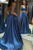 Two Piece Lace Up Blue Long Prom Dress with Slit DMM2