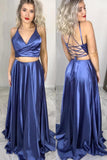 Two Piece Lace Up Blue Long Prom Dress with Slit DMM2