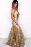 Sexy Mermaid Illusion Neck Ruffles Gold Long Prom Dress DML8