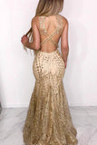 Sexy Mermaid Illusion Neck Ruffles Gold Long Prom Dress DML8