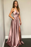 A Line Pink Spaghetti Straps Long Split Prom Dresses With Pockets DMK35