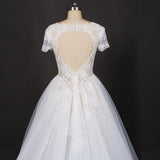 Off White A Line Short Sleeves Lace Appliques Wedding Dress, Bridal Gown DMQ32