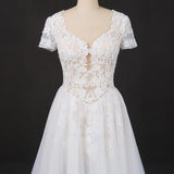 Off White A Line Short Sleeves Lace Appliques Wedding Dress, Bridal Gown DMQ32