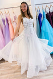 White V neck Tulle Sequina Long Prom Dress A Line Evening Dress DMQ50