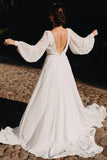 Simple Chiffon V Back Wedding Gown Long Puffy Sleeves Beach Wedding Dress DMW23