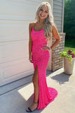 Glitter Hot Pink Mermaid Sparkly Prom Dresses with Slit, Long Evening Dresses DMP105