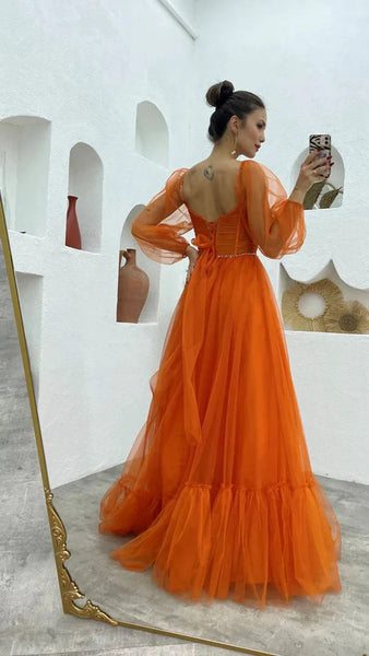 A Line Tulle Orange Long Sleeves Long Prom Dresses Long Evening Party Dresses DM1940