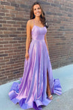 Elegant Lilac High Slit A Line Long Prom Dresses Spaghetti Straps Evening Dresses DMP180