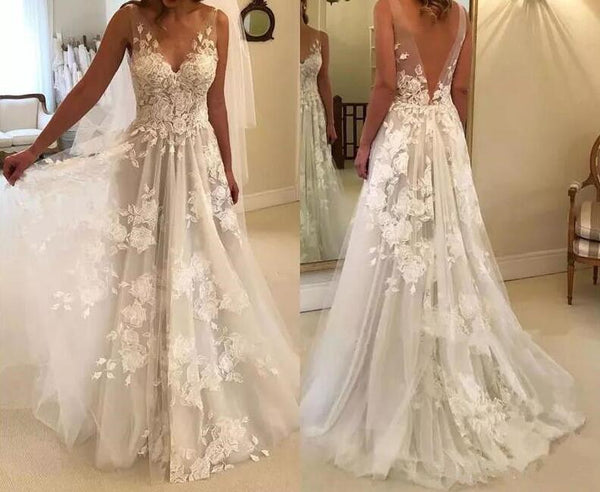 Elegant A-line V-neck Tulle Floor Length Wedding Dresses With Lace Appliques DMC94