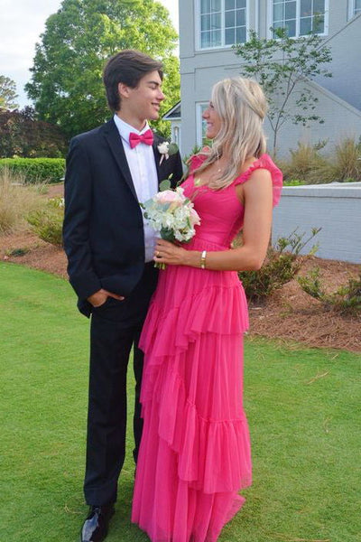 Fashion Straps Hot Pink Long Prom Dresses A-line Tulle Tiered Formal Evening Gown DMP289