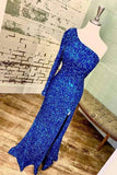 One-Shoulder Long Sleeve Tiffany Blue Sequins Long Formal Prom Dresses DMP210