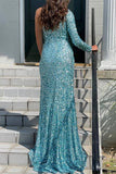 One-Shoulder Long Sleeve Tiffany Blue Sequins Long Formal Prom Dresses DMP210