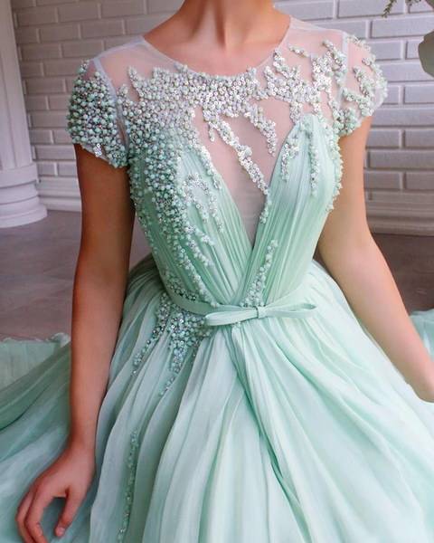 A-line Mint Green Long Cheap Prom Dresses Beading Tulle Evening Dress DMS99