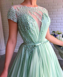 A-line Mint Green Long Cheap Prom Dresses Beading Tulle Evening Dress DMS99