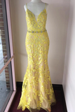 Trumpet/Mermaid Spaghetti Straps Lace Yellow Long Elegant Prom Dresses Evening Dress DMS98