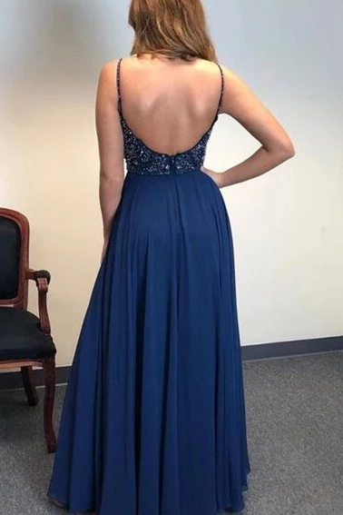 A-line Spaghetti Straps Dark Blue Chiffon Long Prom Dresses Beaded Evening Dress DMS96