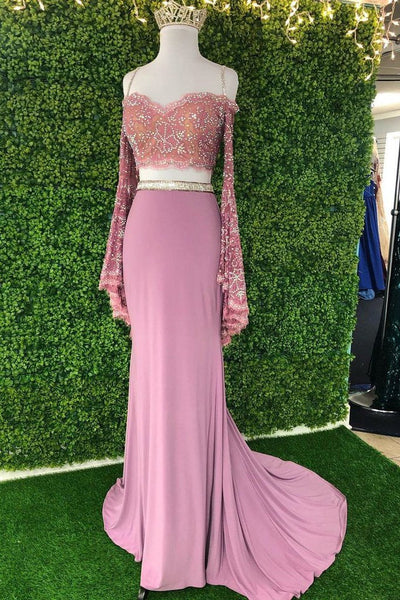 Chic Sheath Spaghetti Straps Pink Long Sleeves Prom Dresses Evening Dress DMT1