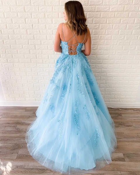 New Arrival A-line Spaghetti Straps Lace Appliques Long Blue Prom Dresses DMT5