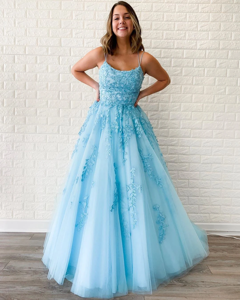 New Arrival A-line Spaghetti Straps Lace Appliques Long Blue Prom Dresses DMT5