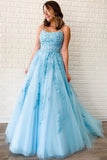 New Arrival A-line Spaghetti Straps Lace Appliques Long Blue Prom Dresses DMT5