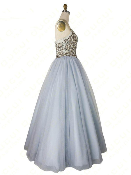 A-line Sweetheart Beaded Light Blue Long Prom Dresses Unique Formal Gowns DMR55