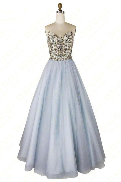 A-line Sweetheart Beaded Light Blue Long Prom Dresses Unique Formal Gowns DMR55