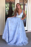 A-line V neck Applique Beading Sky Blue Tulle Long Prom Dresses Party Dresses DMR68