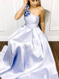 A-line One Shoulder Satin Long Prom Dress With Flowers Evening Dresses DMR60