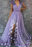 A Line V Neck Long Flowers Rushed Prom Dresses With Silt Evening Dresses DMR47